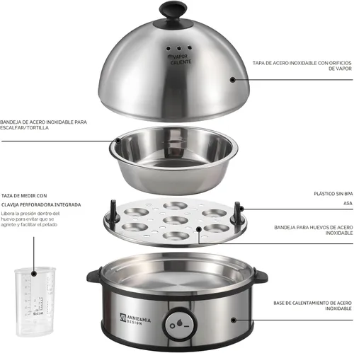 Miniatura 4 de Annie & Mia Design Cocedor eléctrico para huevos, caldera de huevos de acero inoxidable con capacidad para 7 huevos, 360 W, duro, medio, escalfador