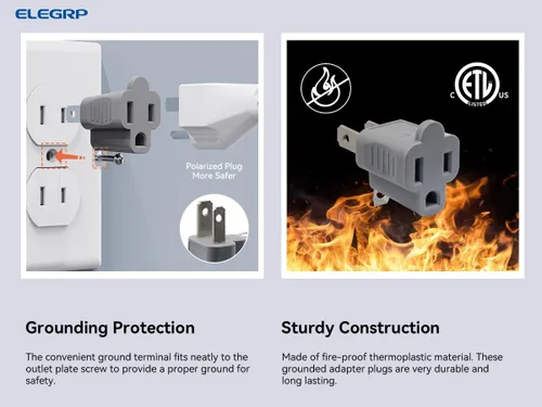 Miniatura 8 de ELEGRP Adaptador de 2 a 3 puntas, paquete de 3, gris - Adaptador de enchufe de conexión a tierra polarizado, certificación ETL