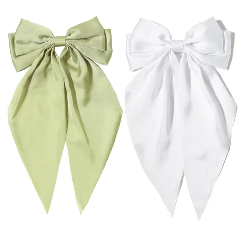 Miniatura 9 de Furling Pompoms Pinza para el Cabello Lazos para el Cabello, 2 piezas Lazos Grandes de Satén Beige/Negro para Mujeres y Niñas, Pasadores