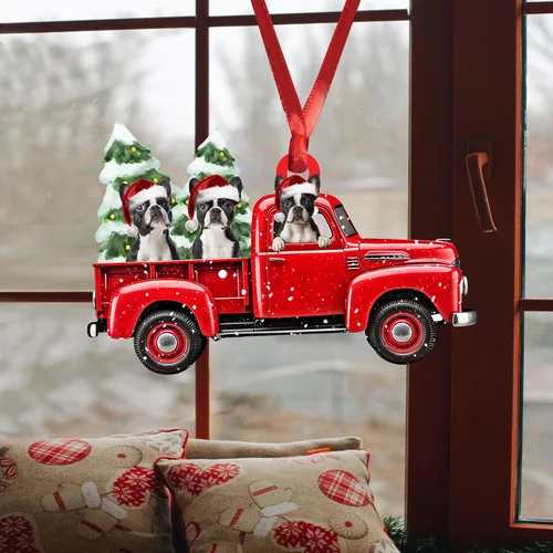 Miniatura 4 de Talataca Boston Terrier con camión rojo de Navidad, árbol de pino, regalo 2D plano para espejo retrovisor, accesorios para el árbol de Navidad
