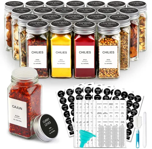 AISIPRIN 24 tarros de vidrio para especias con etiquetas, recipientes cuadrados vacíos pequeños de 4 onzas para condimentos – tapas agitadoras,
