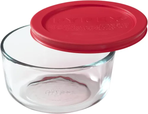 Pyrex Simply Store Recipiente de almacenamiento de alimentos de vidrio individual de 2 tazas con tapa, recipiente redondo de vidrio no poroso para