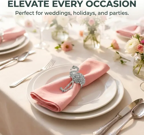 Miniatura 7 de Decozen Juego de 4 servilleteros plateados con diseño de flamenco, decoración festiva de mesa para vacaciones, bodas, cumpleaños, cocina, decoración