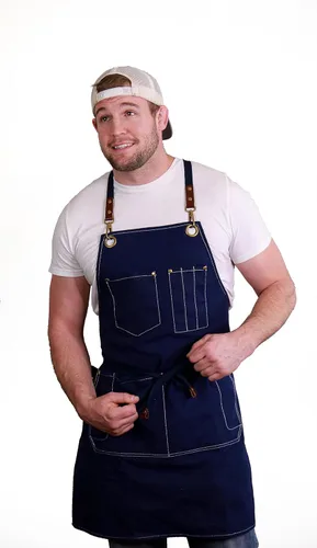 Miniatura 5 de Caldo Delantal de cocina de lona para cocinar, delantal de lona para hombre y mujer, para chef profesional, servidor o barista, ajustable con Negro