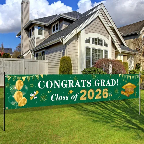 Decoraciones de graduación 2026 Congrats Grad Class of 2026 - Cartel de graduación verde y dorado para patio, decoraciones colgantes para interiores