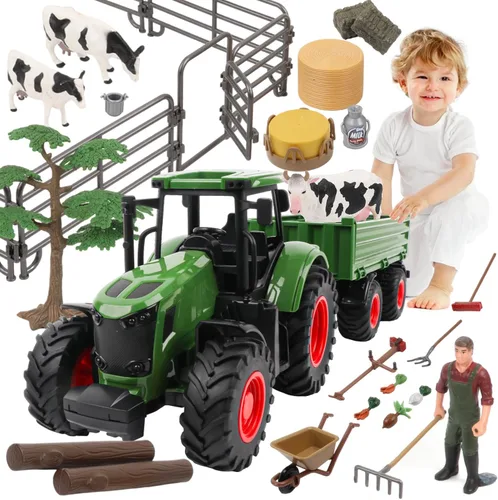 Peagprav Juego de juguetes de tractor de animales de granja - tractor de 16.5 pulgadas con remolque, valla, granjero, árbol, vaca, juego de juguetes