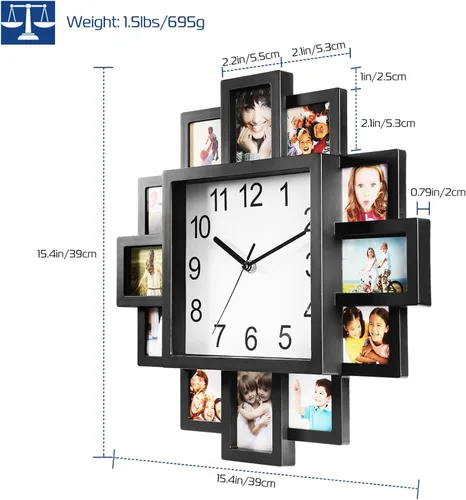 Miniatura 2 de KOCASO Marco de fotos, collage de 12 imágenes, reloj de pared para colgar en la pared, decoración del hogar, haz tu propio reloj multifoto, punto