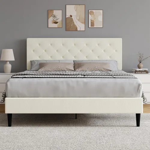 Miniatura 9 de HOMBCK Marco de Cama Queen con Cabecera Capitoné con Botones, Marco de Cama de Plataforma Tapizada Azul, Tela Suave/Soporte de Listones de Madera/No