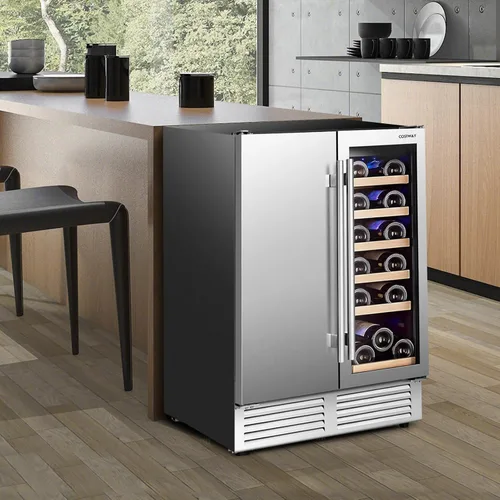 Miniatura 2 de COSTWAY Refrigerador de vino y bebidas, enfriador de bebidas de doble zona de 24 pulgadas con cerradura, puerta de acero inoxidable, refrigerador