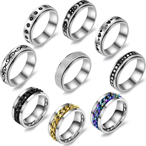 Juego de 9 anillos giratorios de acero inoxidable multiestilo para mujeres y hombres anillos antiestrés para la ansiedad para mujeres anillos de