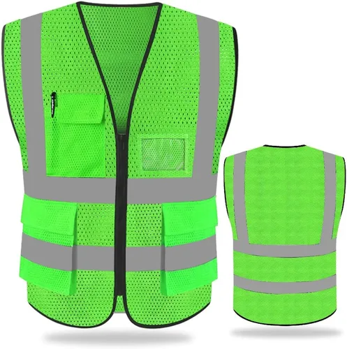 FEimaX Chaleco de seguridad de alta visibilidad, chaleco de trabajo reflectante de malla para hombres y mujeres con bolsillos y cremallera, cumple