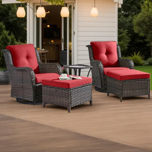 Miniatura 24 de HUMMUH Sillas Mecedoras Giratorias de Mimbre para Patio Exterior con Respaldo Alto, Sillas Deslizantes de Ratán PE, Juego de Muebles de Patio de 4