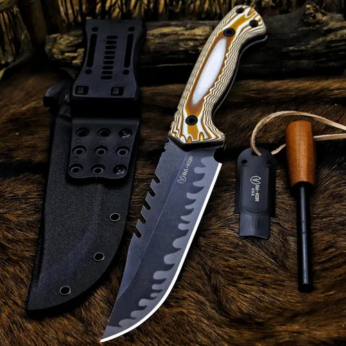 Miniatura 2 de BA-KOR Cuchillo de caza de hoja fija de tang completo de 12.4 pulgadas – acero 9CR18MoV de 6mm, mango G10, hoja de sierra dentada lavada a la piedra