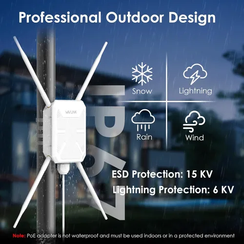 Miniatura 3 de WAVLINK AC1200 Extensor WiFi para exteriores 2026, amplificador Wi-Fi de largo alcance de doble banda, antenas Omni 4x7dBi, PoE, puerto Gigabit