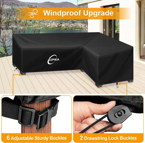 Miniatura 5 de Kipiea Funda para Sofá Seccional en Forma de L para Patio, Tela Oxford Resistente 420D, Funda Seccional para Exteriores con 6 Hebillas a Prueba