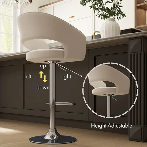 Miniatura 4 de Hyfirm Juego de 2 modernas sillas de bar de cocina con base cromada dorada, taburetes de bar giratorios ajustables con respaldo y reposapiés