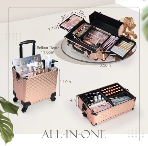 Miniatura 2 de estuche profesional 3 en 1 rodante para maquillaje, estuche de aluminio con ruedas de rotación 360° para artista de maquillaje, maletín cosmético