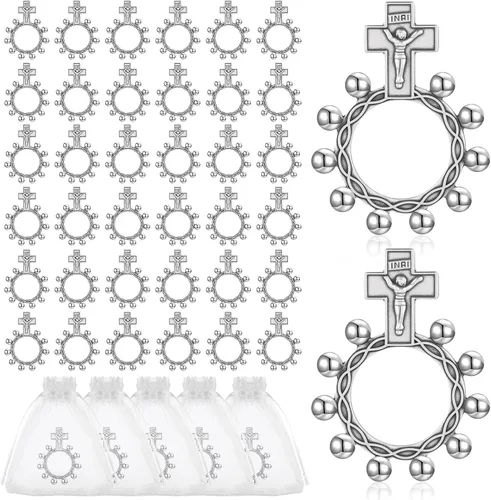 Juego de 80 anillos de rosario de dedo de metal plateado a granel, rosarios de bolsillo para dedos, rosarios de bolsillo pequeño, cruz de bolsillo,