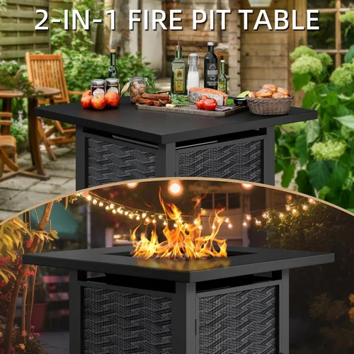 Miniatura 5 de Mesa para fogata de propano de 28 pulgadas con tapa, chimenea cuadrada de gas para exteriores de 50,000 BTU, resistente a la intemperie, mesa