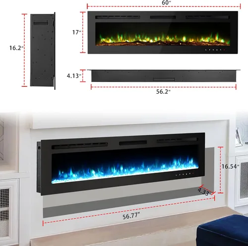 Miniatura 6 de Inserto de chimenea eléctrica de 60 pulgadas, montado en la pared, control remoto, diseño lineal, 750/1500W.