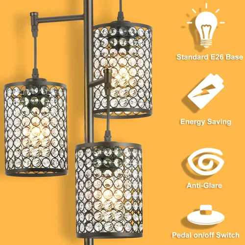 Miniatura 3 de YeLEEiNO - Lámparas de pie, moderna lámpara de pie de árbol de 3 luces para sala de estar, lámpara de pie de cristal con interruptor
