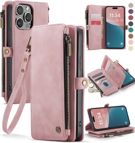 Miniatura 10 de Defencase Funda magnética para iPhone 13 Pro compatible con Magsafe con bloqueo RFID, correa de cremallera y tarjetero para mujer, funda de piel