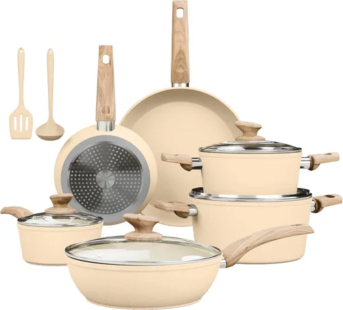 Kitchen Academy Juego de ollas y sartenes de inducción antiadherentes, juego de utensilios de cocina antiadherentes de 12 piezas, juego de ollas y