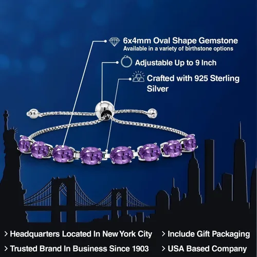 Miniatura 160 de Gem Stone King Pulsera de plata de ley 925 con piedra natal ovalada de 0.276 x 0.197 in para mujer, totalmente ajustable hasta 9 pulgadas