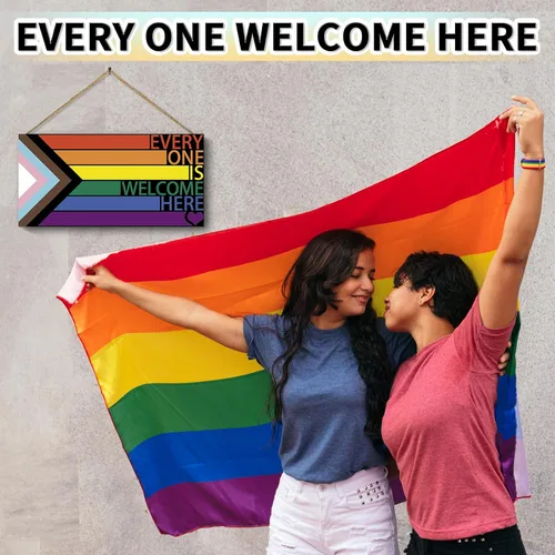 Miniatura 5 de Letrero LGBT de arco iris para puerta delantera, decoración de pared de madera con texto en inglés "Every One Is Welcome Here