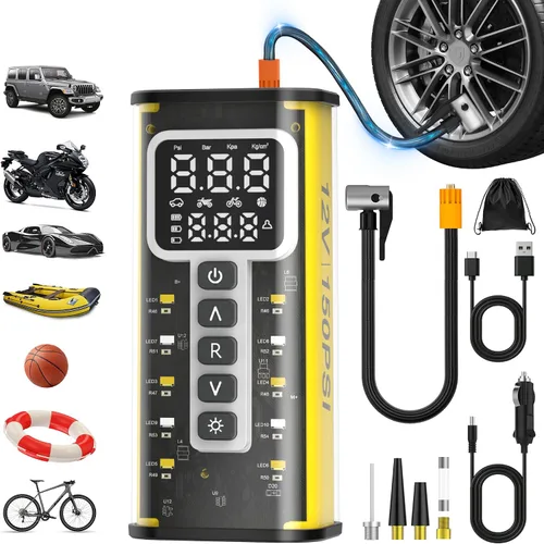 Inflador de neumáticos, 150 PSI, compresor de aire de batería de 9000 mAh, bomba de neumáticos de automóvil, bomba de aire para neumáticos de