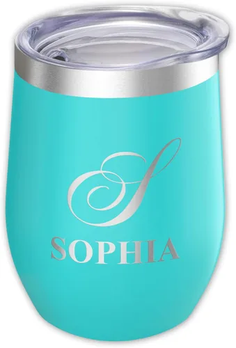 Vaso de vino personalizado con tapa – Personalizado en tallado en acero inoxidable aislante color turquesa para bebidas frías y calientes – Taza