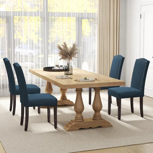 Miniatura 9 de LSSPAID Juego de 4 sillas de comedor, modernas y cómodas sillas Parsons tapizadas de lino con ribete de cabeza de clavo de bronce y patas de madera