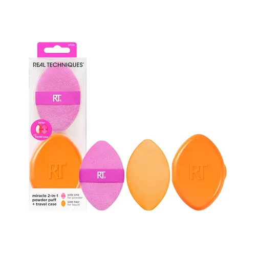 Miniatura 2 de Real Techniques Miracle 2 en 1 borla de polvo + estuche de viaje, borla de mezcla de maquillaje de doble cara, banda elástica, esponja de maquillaje