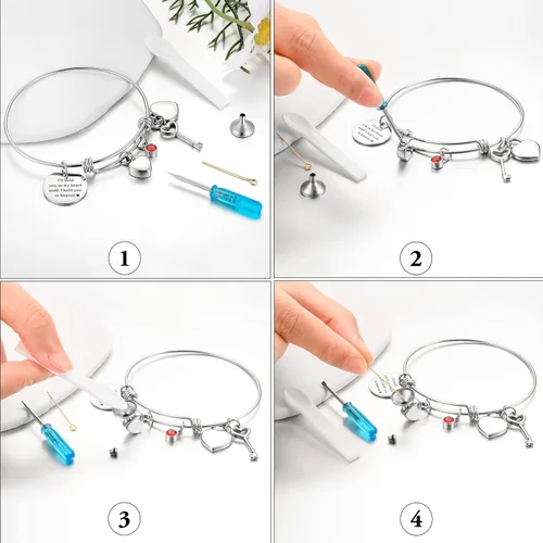 Miniatura 6 de Pulsera de urna para cenizas con forma de corazón para cenizas de acero inoxidable con dije de mariposa o cruz
