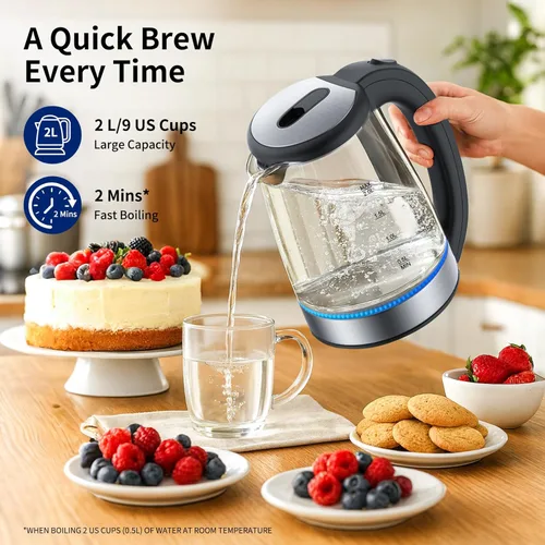 Miniatura 3 de Hervidor eléctrico de vidrio de 2 L, 1500 W, hervidor de agua caliente de ebullición rápida con apagado automático, luz LED, sin BPA, vidrio