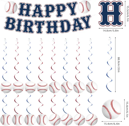 Miniatura 7 de KORHONEN Decoraciones de fiesta de cumpleaños de béisbol, pancarta de feliz cumpleaños y espirales colgantes para decoraciones de fiesta temática