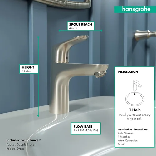 Miniatura 6 de hansgrohe Focus Modern Upgrade Easy Clean 1-Manija 1 de 7 Pulgadas de Altura Grifo de Lavabo de Baño en Níquel Cepillado, 04371820 cepillado níquel