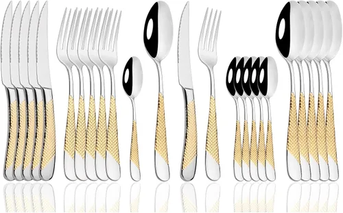 JASHII Juego de cubiertos de 24 piezas, acero inoxidable 304 dorado, servicio de vajilla para 6, moderno juego de cubiertos de titanio, pulido con