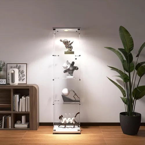 Miniatura 4 de Vitrina de cristal con luces y cerradura, vitrina Curio de 4 niveles con puerta de cristal, escaparate de pie para sala de estar, dormitorio, Blanco