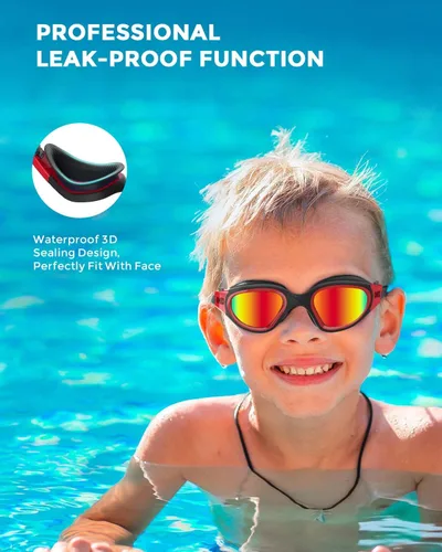 Miniatura 5 de OMID Kids Swim Goggles, P2mini Polarized Swimming Goggles Comfortable for Age 6-14 Lente roja A2-espejo marco negro rojo