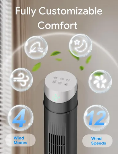 Miniatura 30 de ZAFRO Ventilador de torre inteligente para dormitorio, ventilador de torre oscilante de 120°, 28 pies/s de alta velocidad, 12 velocidades, 4 modos