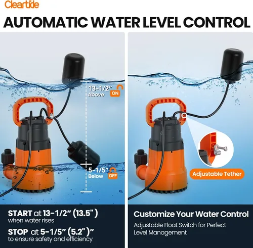 Miniatura 7 de Cleartide Bomba de sumidero sumergible con interruptor de flotador con correa, bomba de agua utilitaria de 1/2 HP, bomba de drenaje eléctrica maneja