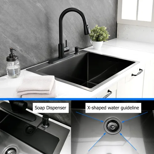 Miniatura 6 de Fregadero utilitario negro, 25 x 22 x 12 pulgadas de profundidad, acero inoxidable negro con grifo y dispensador de jabón, lavabo de montaje