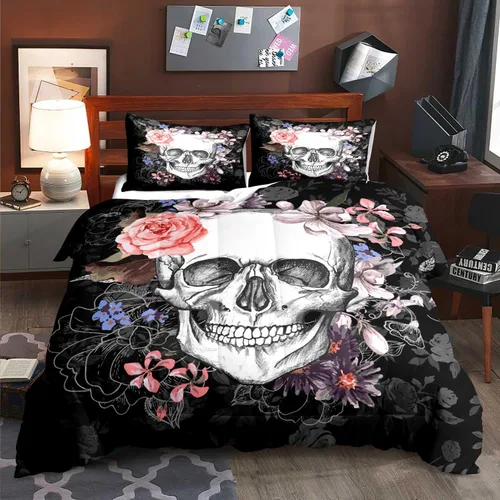 Miniatura 11 de LUVIVIHOME Juego de edredón de 3 piezas de calavera, tamaño King, negro, cuervo, murciélago, telaraña, esqueleto, gótico, calavera, blanco