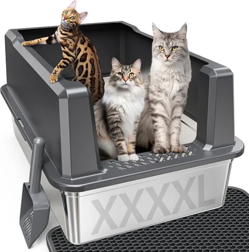 Caja de arena XXXL de acero inoxidable para gatos con lados altos, 28" L x 20" A x 14" Al, caja de arena extra grande para gatos grandes y múltiples