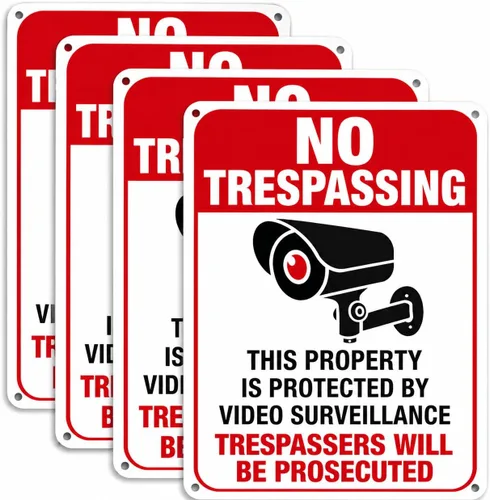 Miniatura 8 de Paquete de 2 letreros de metal grandes sin tropiezos de videovigilancia, 10 x 14 pulgadas, aluminio libre de óxido, propiedad protegida por cámara