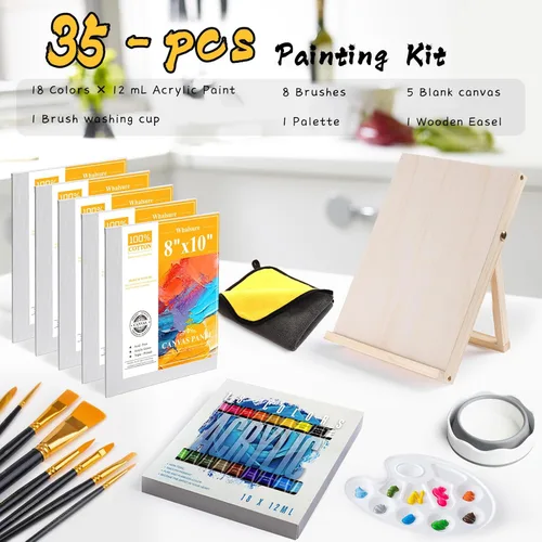 Miniatura 2 de Juego de Pintura Whalsure, Juego de Pintura Acrílica para Niños y Adultos - Suministros de Pintura con 18 Pinturas Acrílicas, 8 Pinceles de Pintura
