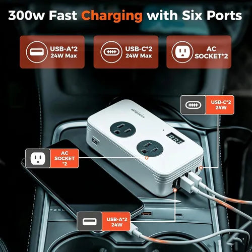 Miniatura 3 de inversor de corriente para coche de 300 W, adaptador de toma de corriente para coche CC 12 V a CA 110 V con USB-C PD 25W, QC3.0 y pantalla LCD