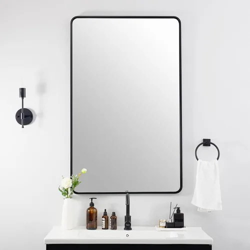 ANDY STAR Espejo de tocador de baño de 24 x 40 pulgadas, espejo de baño rectangular redondeado negro en tubo de 1 pulgada, marco de metal, montaje