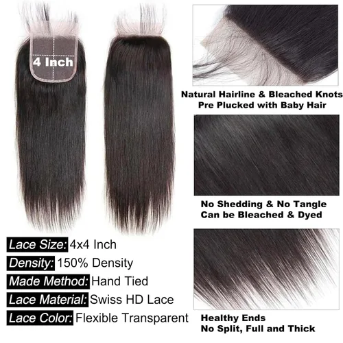 Miniatura 4 de Cierre de encaje de cabello humano lacio 4x4, parte libre HD, encaje suizo 100% sin procesar, cabello virgen brasileño 150% de densidad, color negro